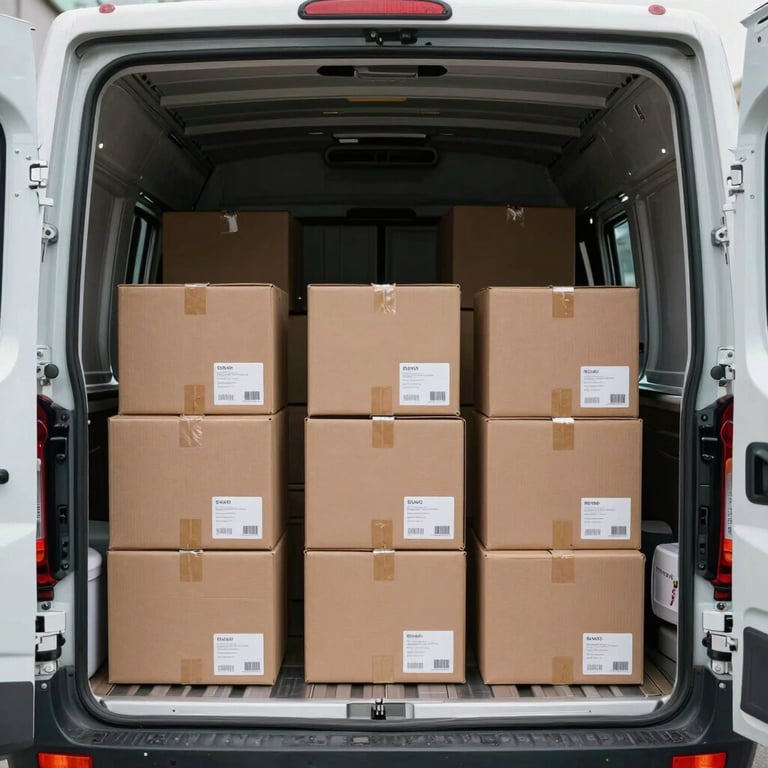 Pharmaceutical delivery boxes being loaded into a clean transport vehicle.