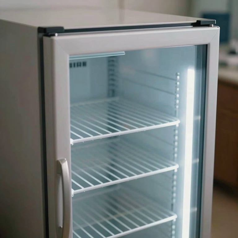 Close-up of a high-tech medicine storage refrigerator.