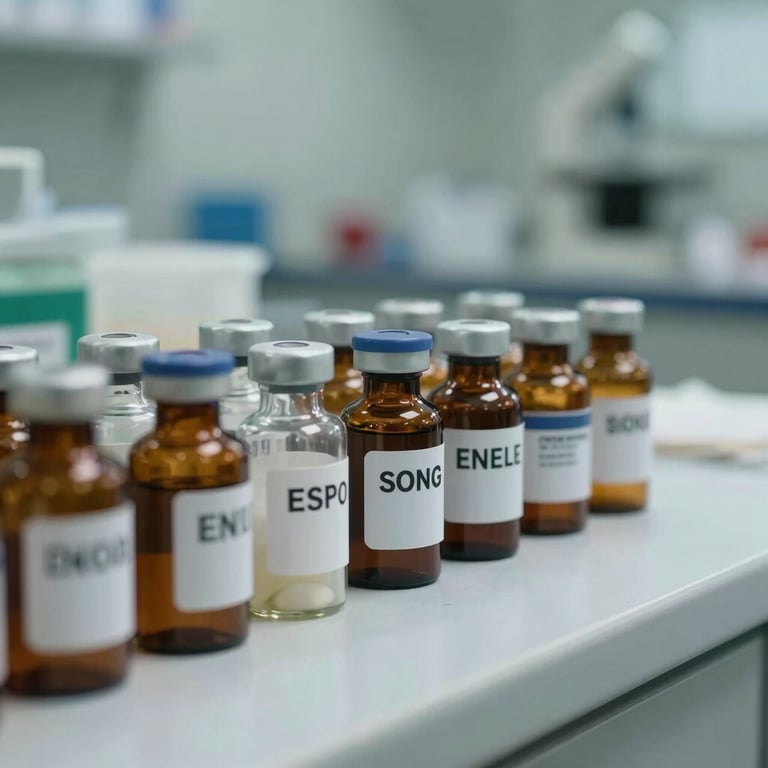 Close-up of medicine bottles on a pristine clinic counter in a South Asian / Indian setting.