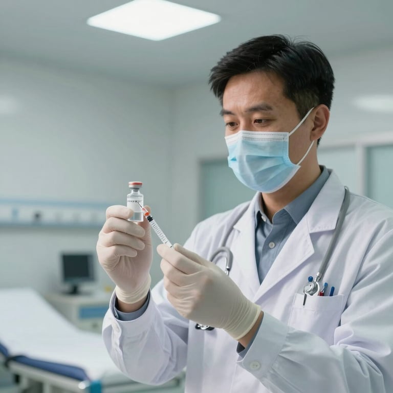 A doctor holding a vial of injection in a modern hospital room.