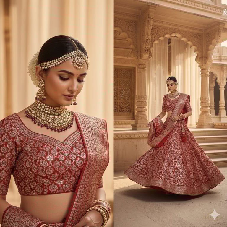 a woman in a red and gold bridalle dress