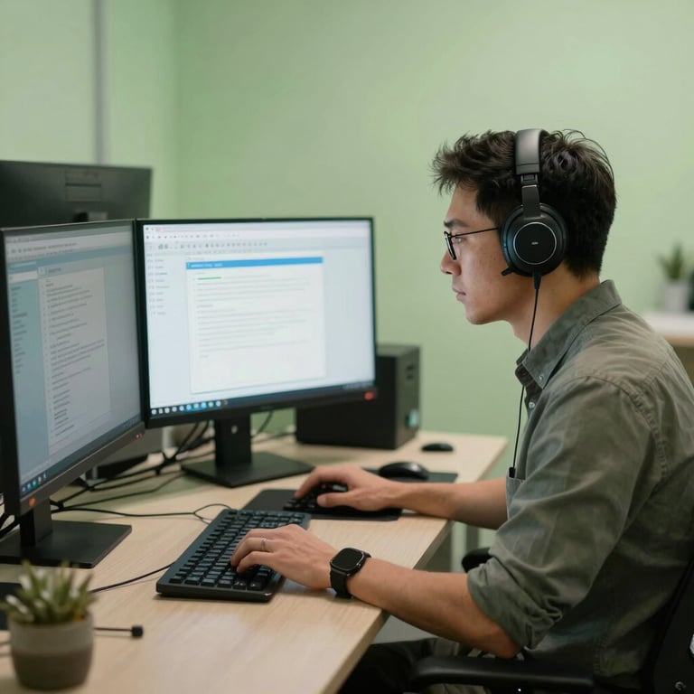 A professional developer in a North American / US office working on a multi-monitor setup with pale leaf green ambient lighting.