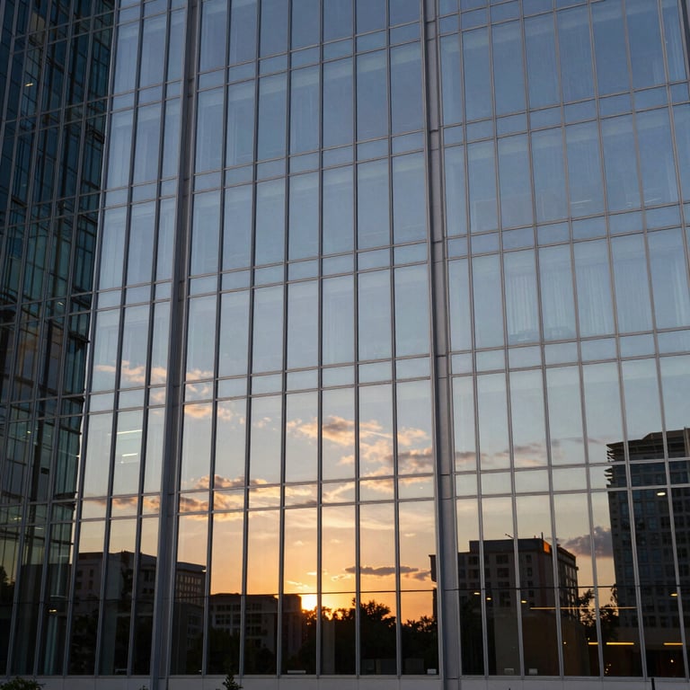A modern corporate building with glass windows reflecting a sunset, symbolizing growth and success in North America.