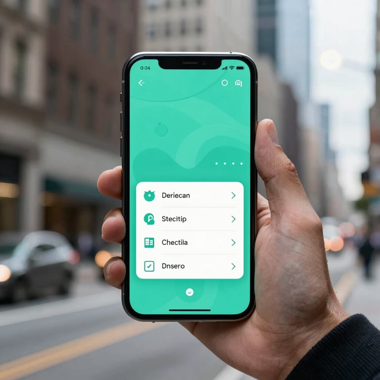A sleek smartphone in a North American / US city setting showing a custom mobile app with sea green UI elements.