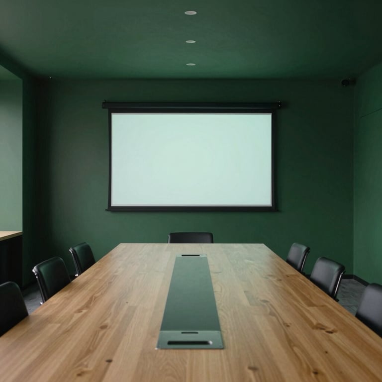 A minimalist meeting room in North America with deep forest green accents and high-tech presentation screens.
