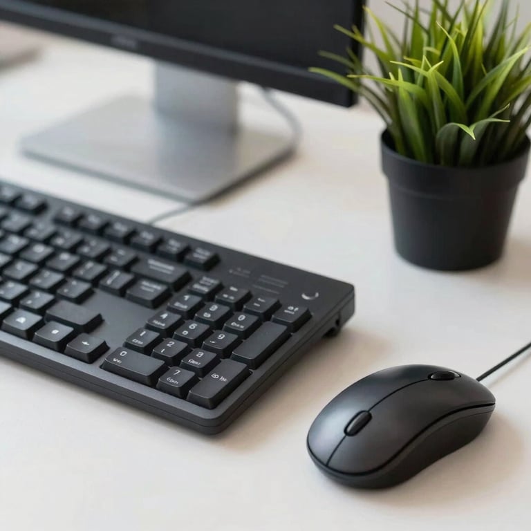 A close-up of a keyboard and mouse on a clean desk with a small sea green plant in a professional North American / US office.