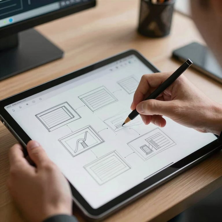 Hands sketching a UI/UX wireframe on a digital tablet in a bright North American / US design studio.
