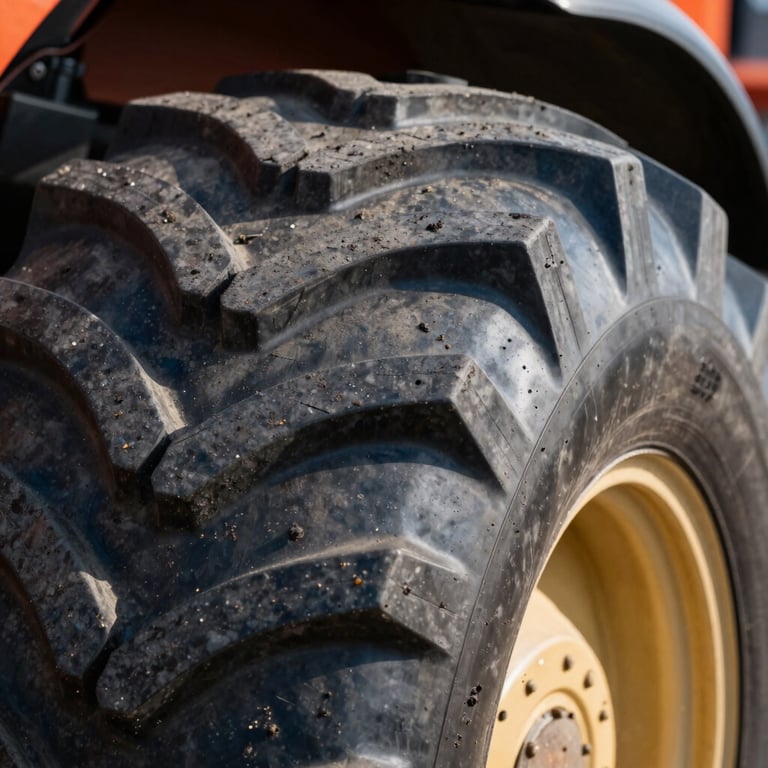 Extreme close-up macro shot of a massive agricultural tractor tire tread with deep lugs, gritty natural daylight, 35mm lens