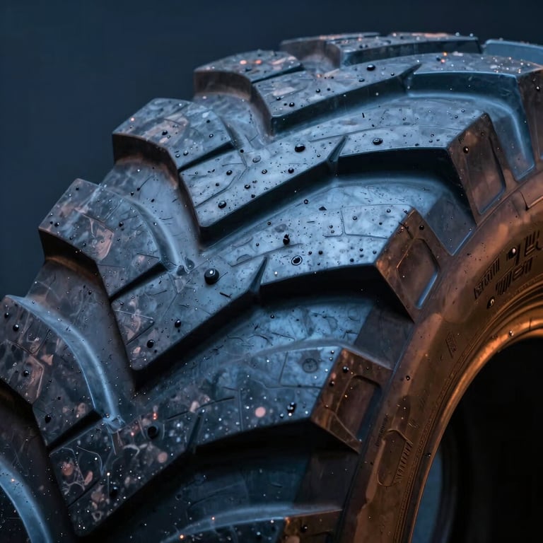 Extreme close-up macro shot of a heavy industrial construction tire tread with deep grooves, sharp industrial studio lighting, 35mm lens
