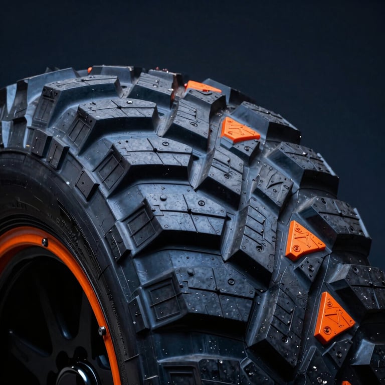 Extreme close-up macro shot of an all-terrain off-road tire tread, sharp industrial studio lighting, safety orange accents, 35mm lens