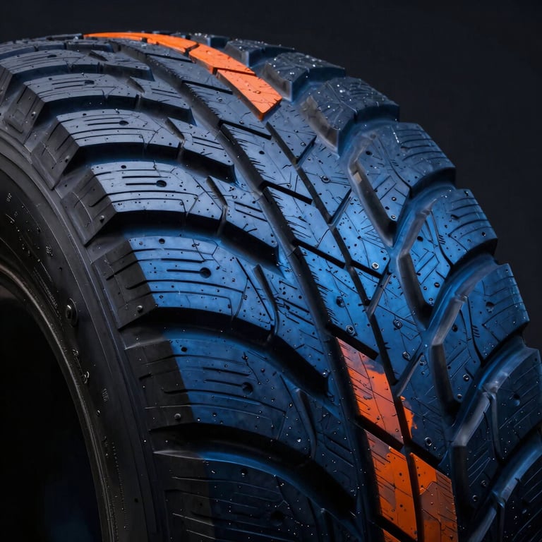 Extreme close-up macro shot of a heavy-duty passenger tire tread, sharp industrial studio lighting, deep blue highlights, 35mm lens