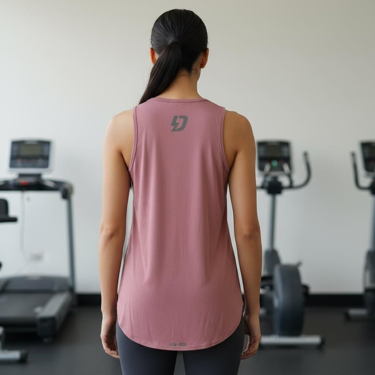 A woman in a mauve pink workout tank top stands in a gym with treadmills in the background.