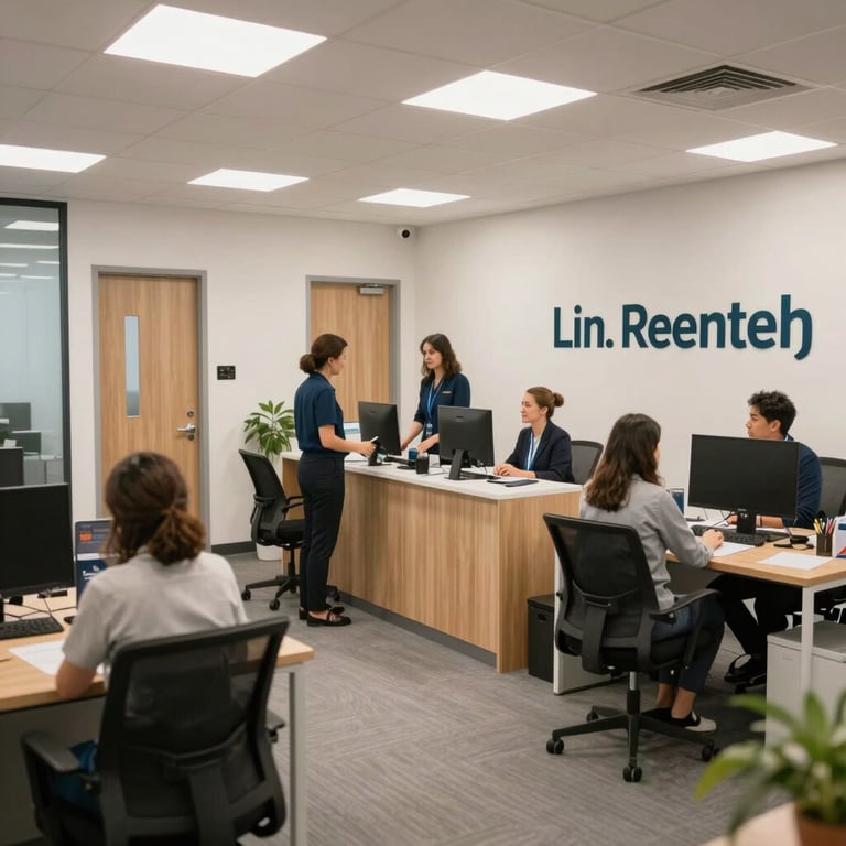 Interior of a modern, well-lit local agency office with professional staff and a welcoming atmosphere.