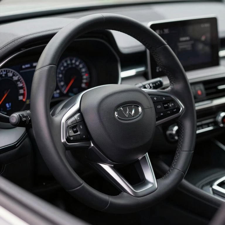 A detailed shot of a modern car's dashboard and steering wheel, symbolizing a high-quality vehicle transaction.