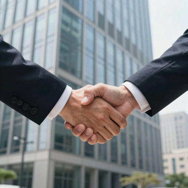 A handshake in front of a modern glass building in a professional North American business district, shot in bright daylight.
