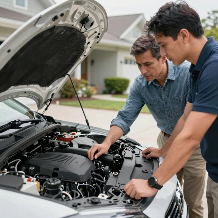 A buyer and seller inspecting a vehicle's engine in a bright, clean North American residential setting.