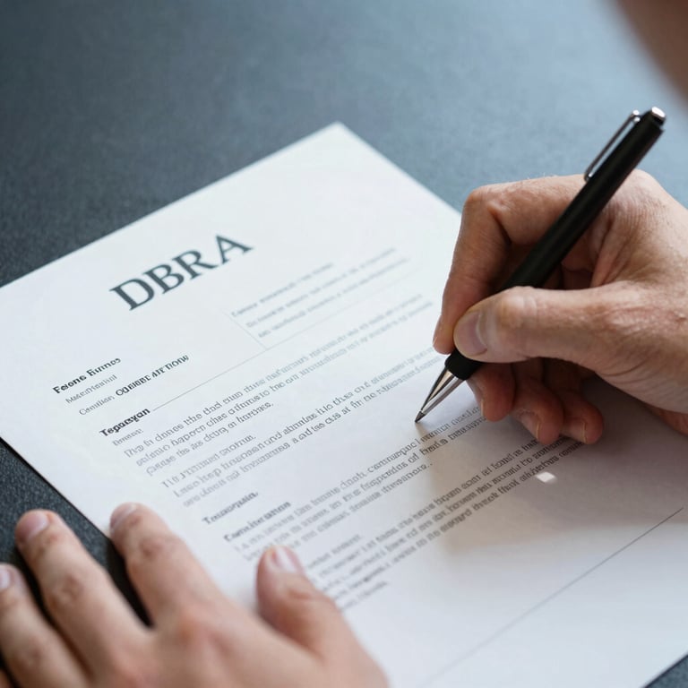 A close-up of a person's hands signing a clean, official vehicle title document on a dark blue surface.