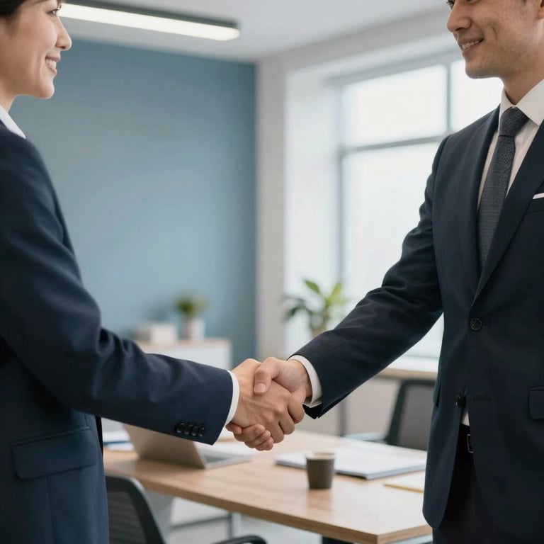 Two professionals shaking hands in a bright office decorated with slate blue accents.