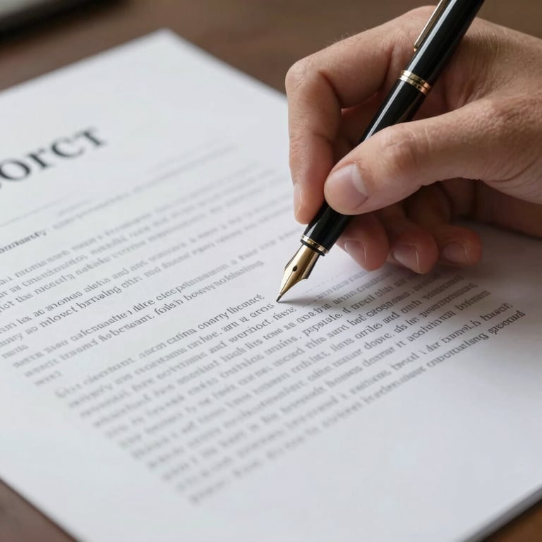 A person signing a contract with a fountain pen on high-quality paper, soft white lighting.