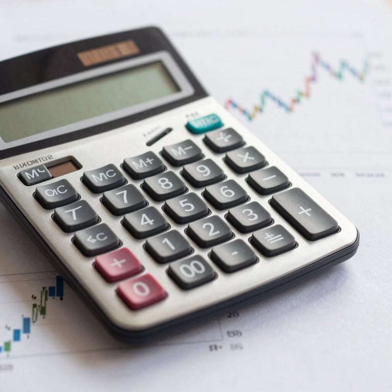 A sharp photograph of a modern calculator and financial charts on a soft white background, reflecting precision.