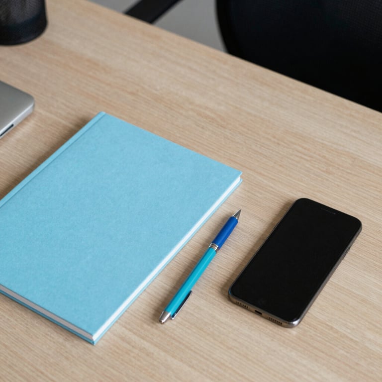 A bird's-eye view of a clean office desk with sky blue stationery and a smartphone.