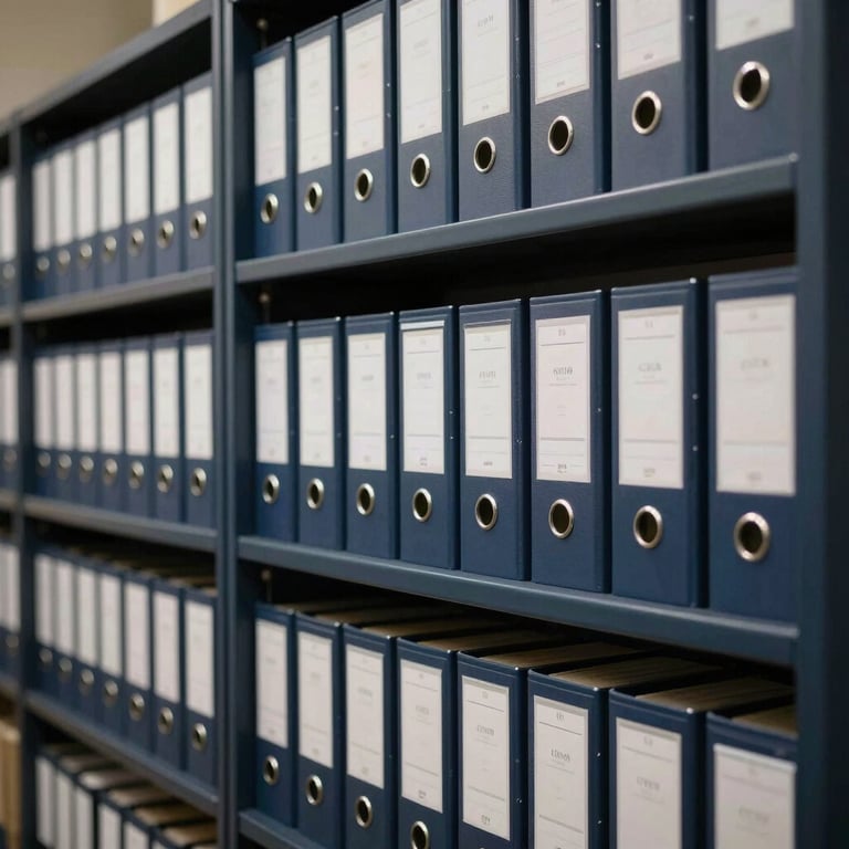 A row of neatly organized financial archives in a dark navy shelving unit.