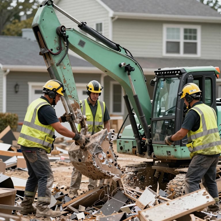 A demolition crew wearing safety gear at a North American / New England residential site, efficiently handling debris with Muted Pine Green equipment.