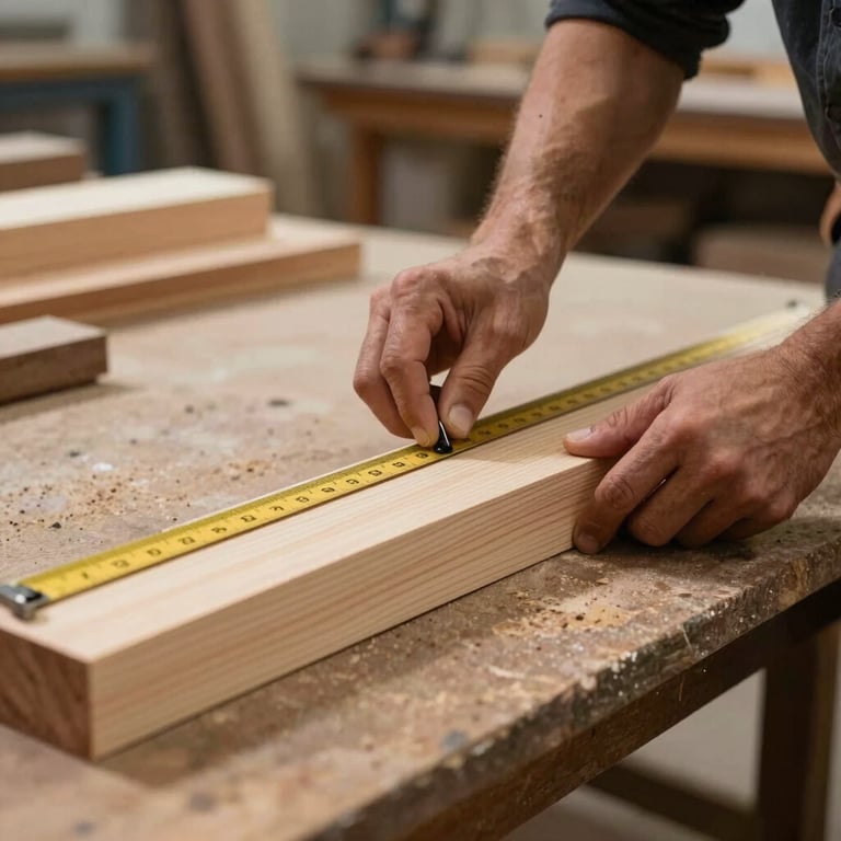 A craftsman's hands measuring high-quality timber for a carpentry project in a professional workshop.