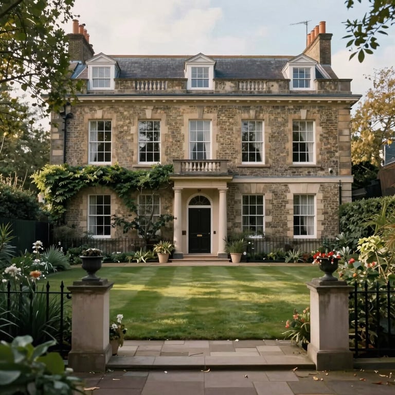 A classic British townhouse with a well-maintained garden, representing home improvements, photographed in soft morning light.