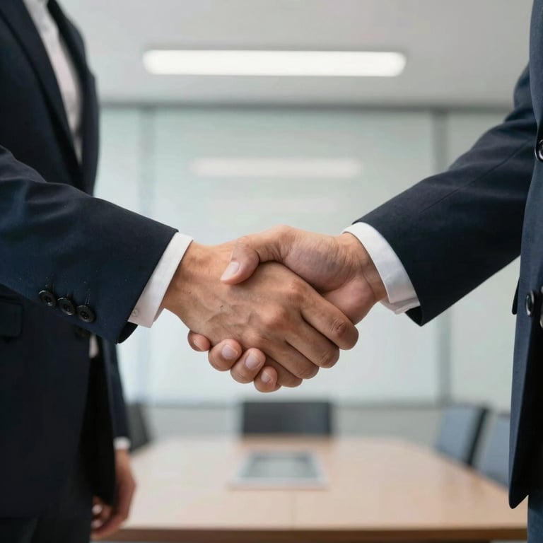 A professional, close-up handshake between two professionals in a bright, modern corporate boardroom.