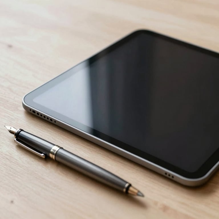 A minimalist desk setup with a sleek tablet and a fountain pen, reflecting the modern efficiency of our financial services.