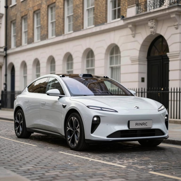 A modern electric vehicle parked on a clean, cobblestone street in London, showcasing a car loan success.
