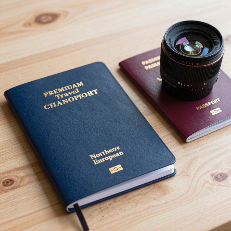 A premium travel journal and a passport on a light wooden table, suggesting a vacation loan for a Northern European traveler.