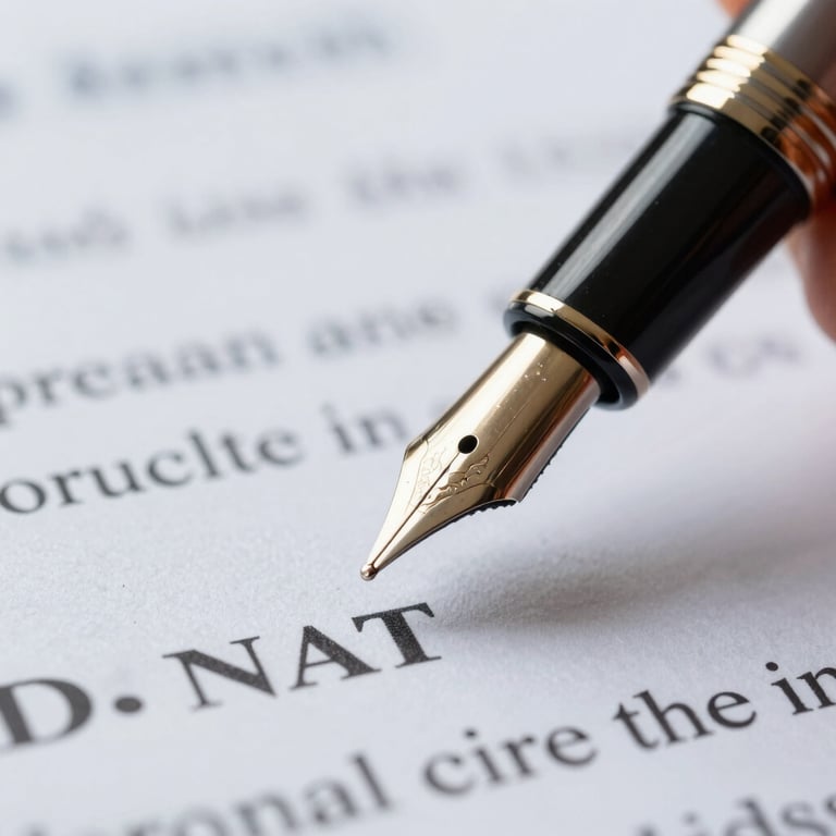 Macro shot of a high-end fountain pen on a professional document, signifying expertise and detail.