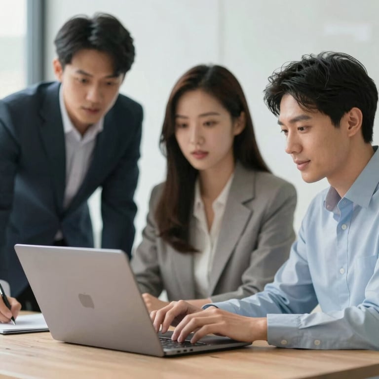 Team of consultants collaborating around a laptop in a professional, trust-inspiring setting.