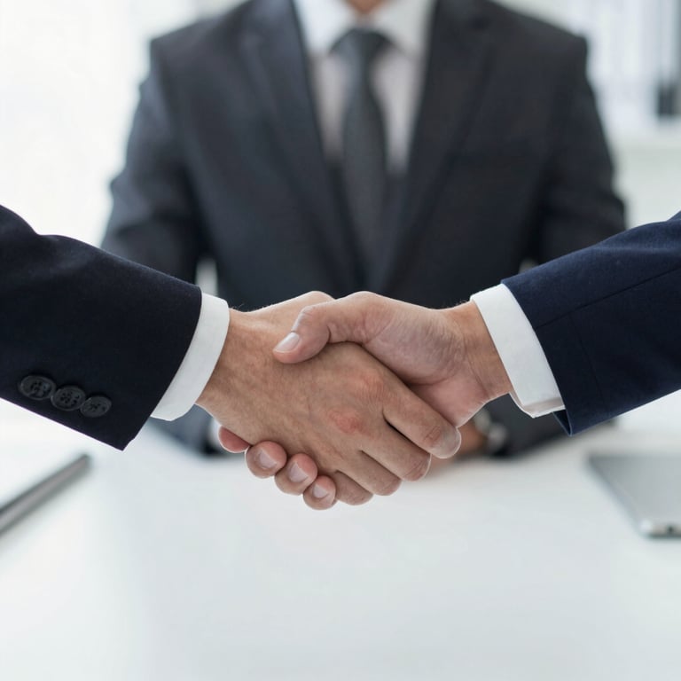 A formal handshake between two professionals over a clean desk, symbolizing a successful partnership.