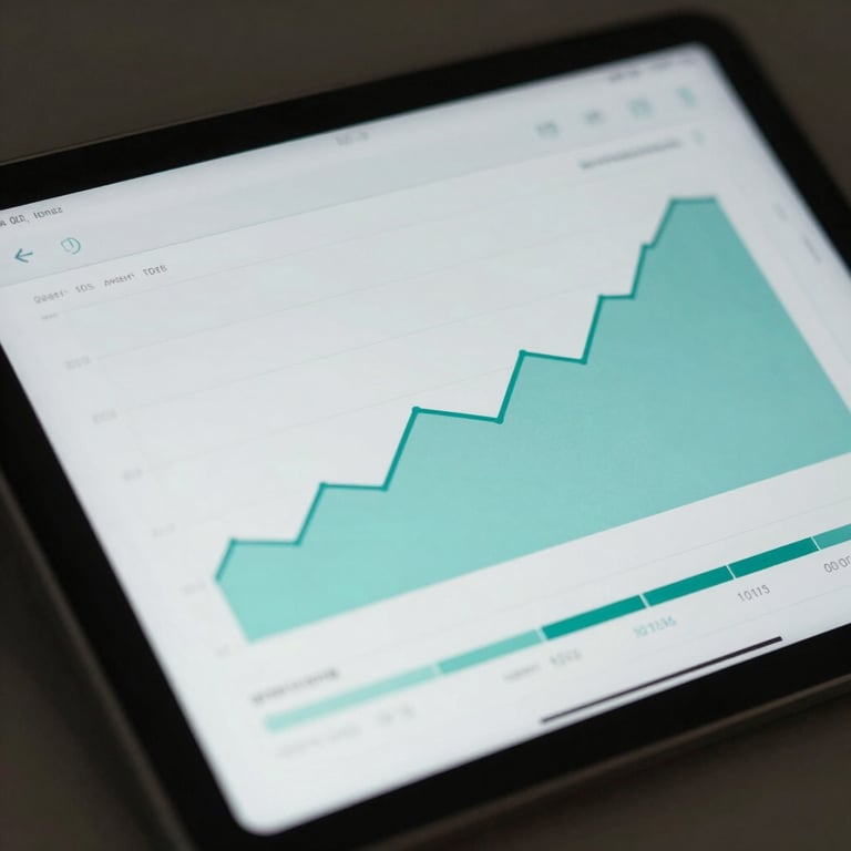 Close-up of a professional tablet screen showing clear financial growth charts in teal tones.