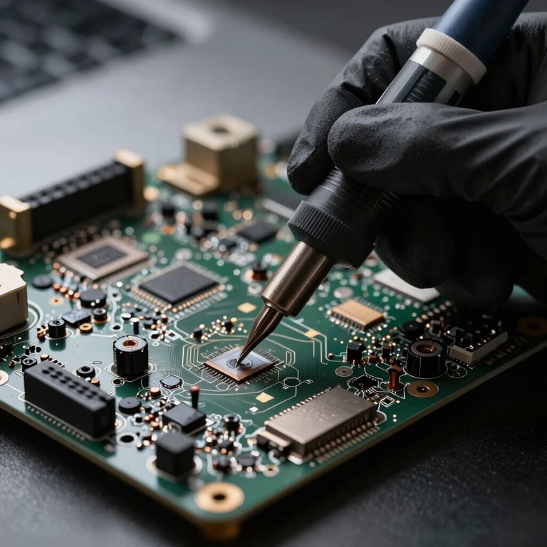 Extreme close-up of gloved hands using a precision micro-soldering tool on a dark MacBook logic board, dramatic high-contrast studio lighting, metallic textures.