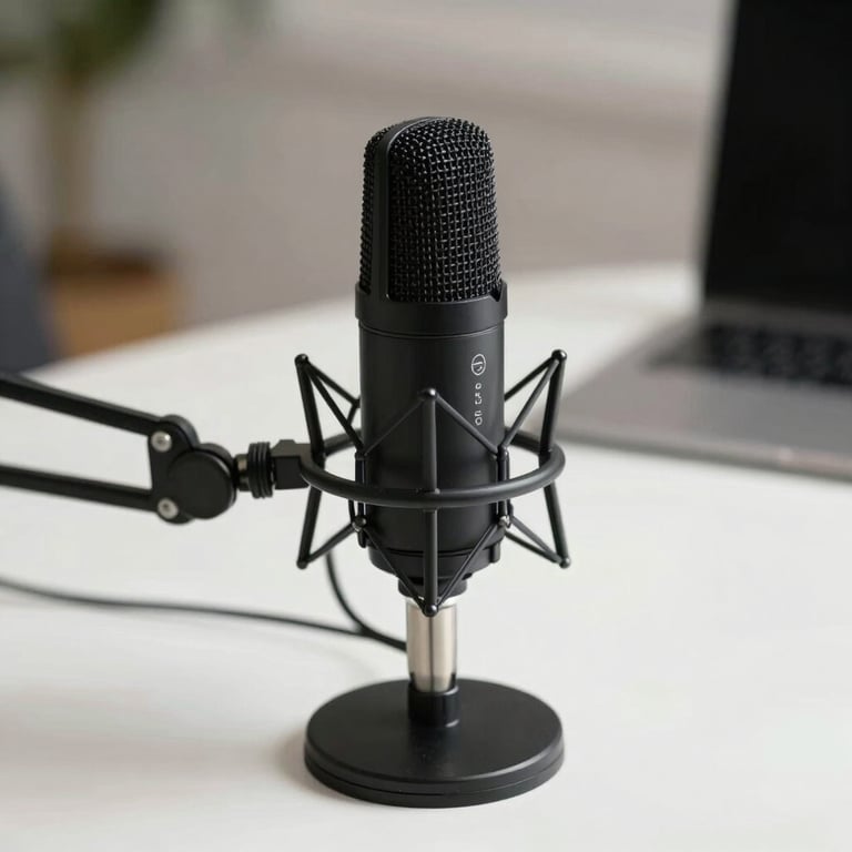 A high-quality podcast setup with a professional microphone on a clean white desk with soft, natural lighting.