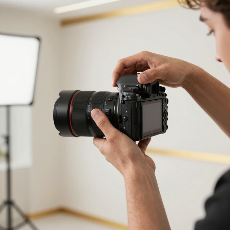 A creator using a high-end camera to film content in a bright, modern studio with off-white walls and gold accents.