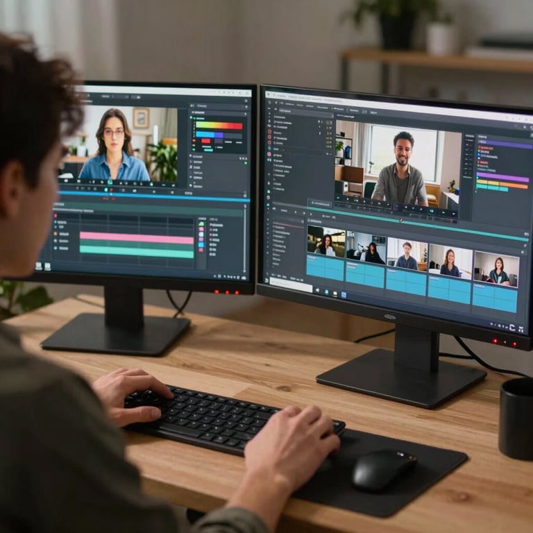 An over-the-shoulder shot of a person editing high-definition social media content on a large dual-monitor setup.