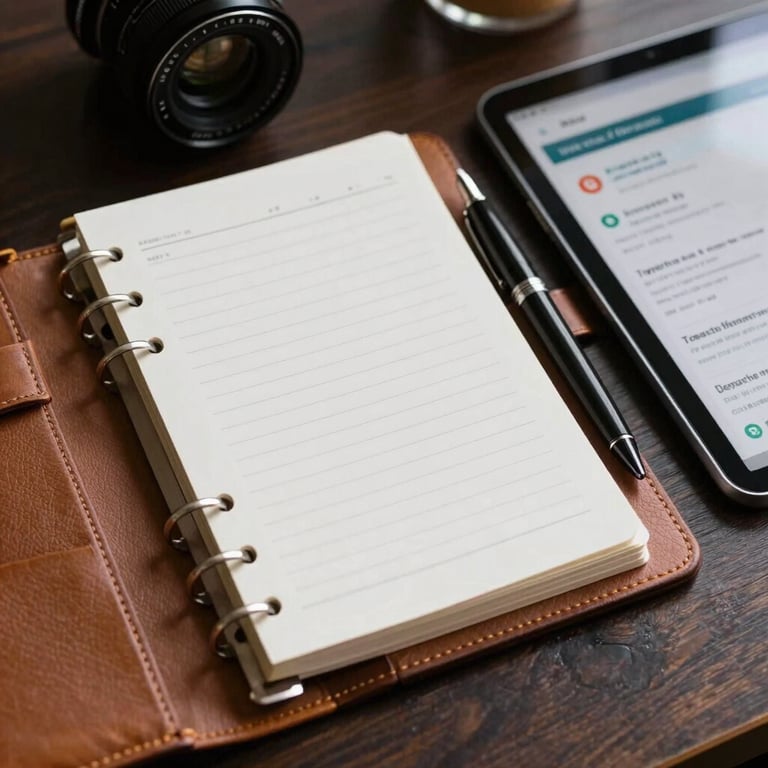 A flat-lay of a leather-bound planner, a sleek fountain pen, and a tablet displaying a fintech application.