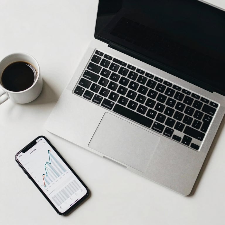 A top-down view of a minimalist workspace featuring a high-end laptop, a cup of coffee, and a smartphone showing growth charts.