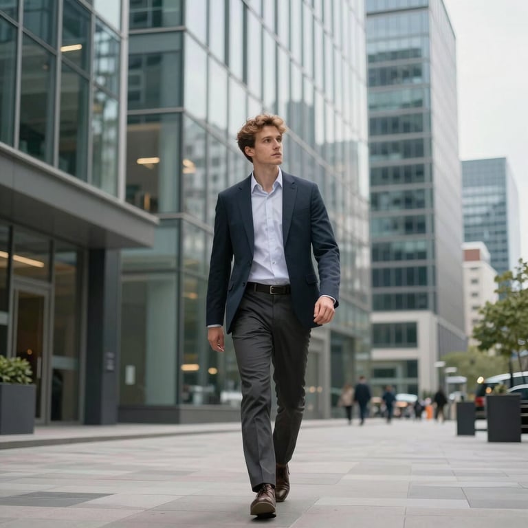 A young professional walking through a sophisticated Northern European business district with sleek glass buildings.
