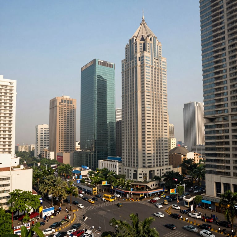 A wide shot of a bustling financial district in a South Asian / Indian city during the day, emphasizing progress and growth.