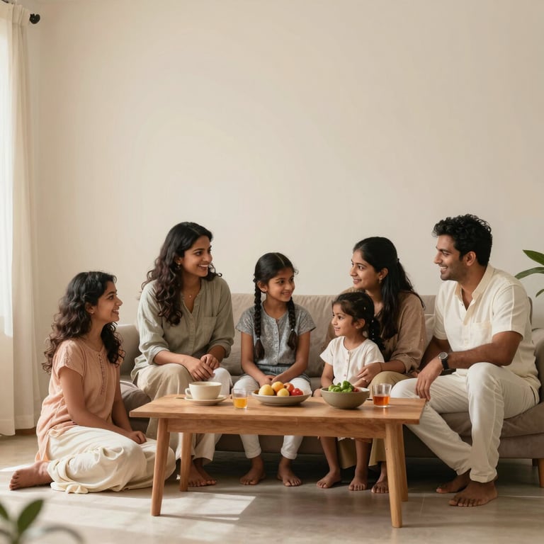A happy South Asian / Indian family celebrating in their new home's living room, warm soft off-white lighting creating a sense of security.