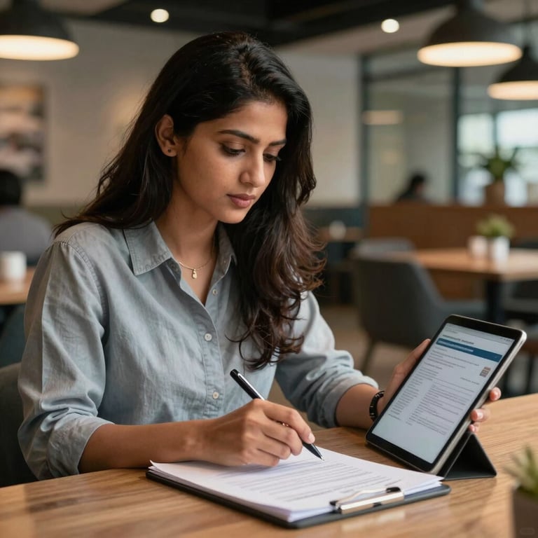 A professional South Asian / Indian woman reviewing business loan documents on a tablet in a modern co-working space in Bangalore.