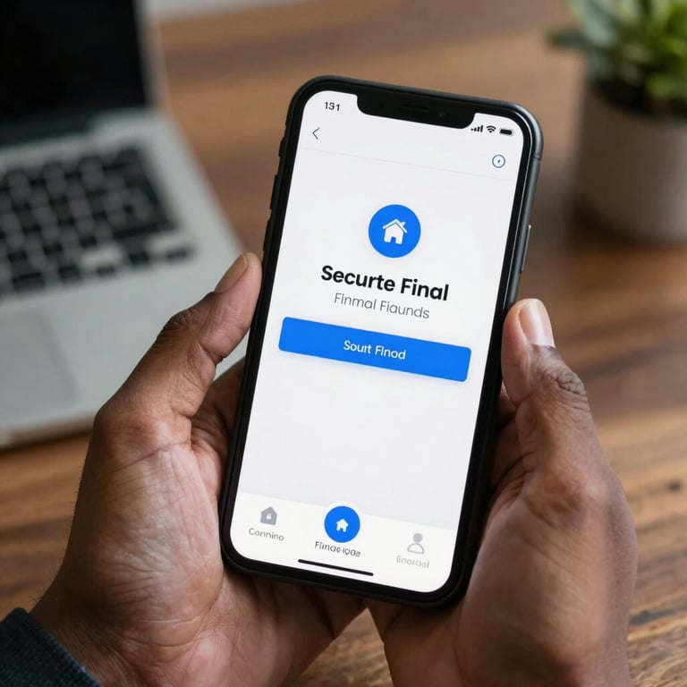 A close-up of a smartphone screen showing a secure financial application, held by a South Asian / Indian user in a professional setting.