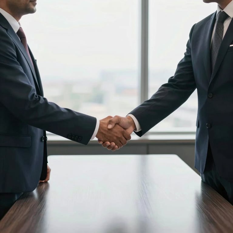 Two professionals in South Asian / Indian business attire shaking hands across a polished silver grey table in a bright boardroom.