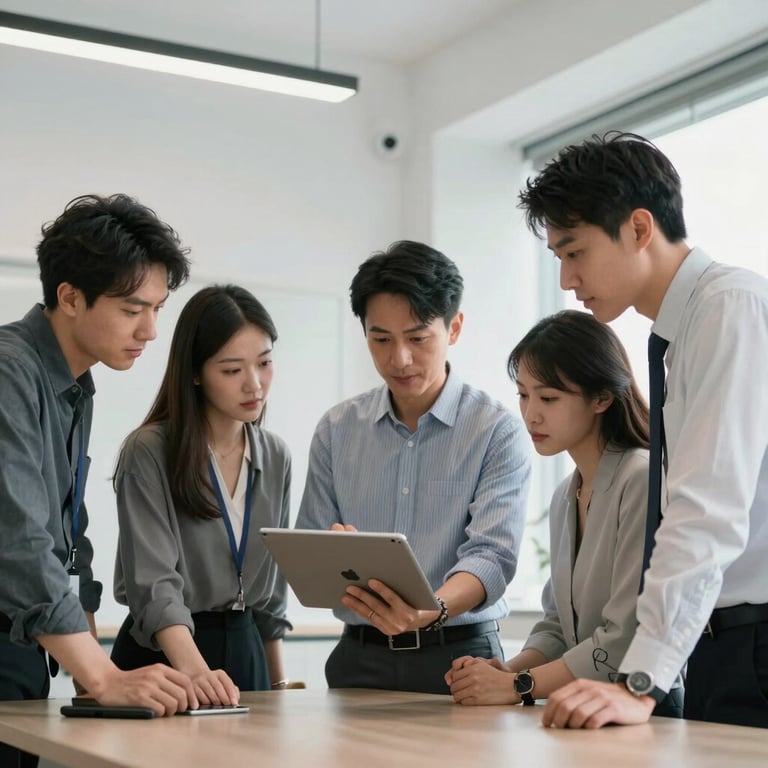 A team of professionals collaborating around a tablet in a bright, modern office space with minimalist design.